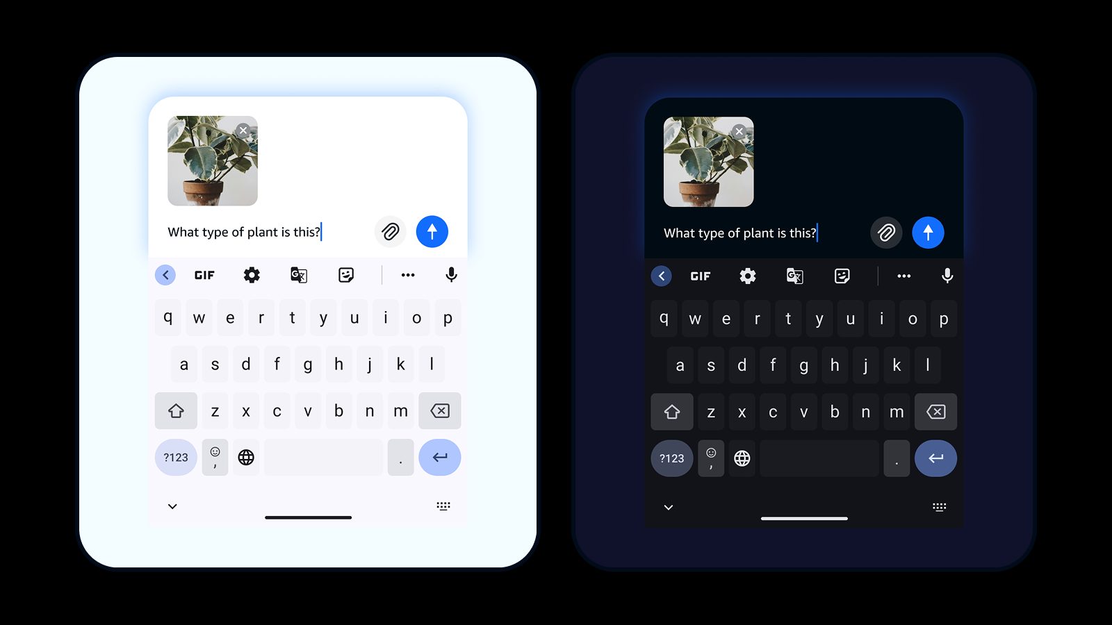 The same photo-attachment composer in light and dark mode, keyboard open, showing how the card, the attached thumbnail and the send button hold up against both backgrounds.