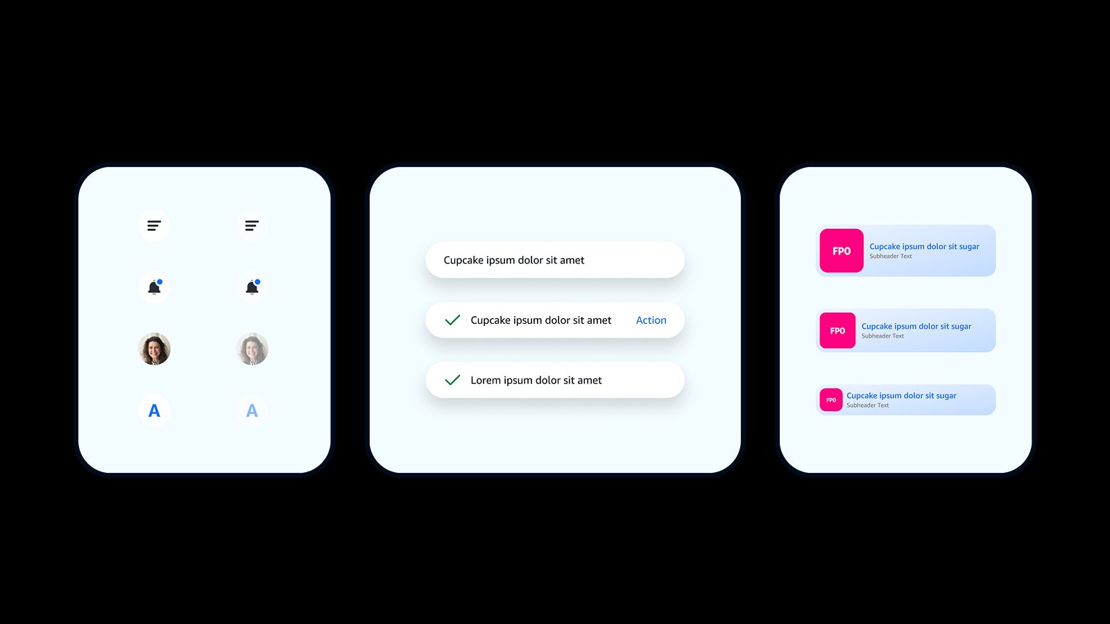 Three component cards: icon buttons, avatars and letter badges each shown at two emphasis levels, a list of rows with completion checkmarks and an inline Action link, and notification rows at three sizes.