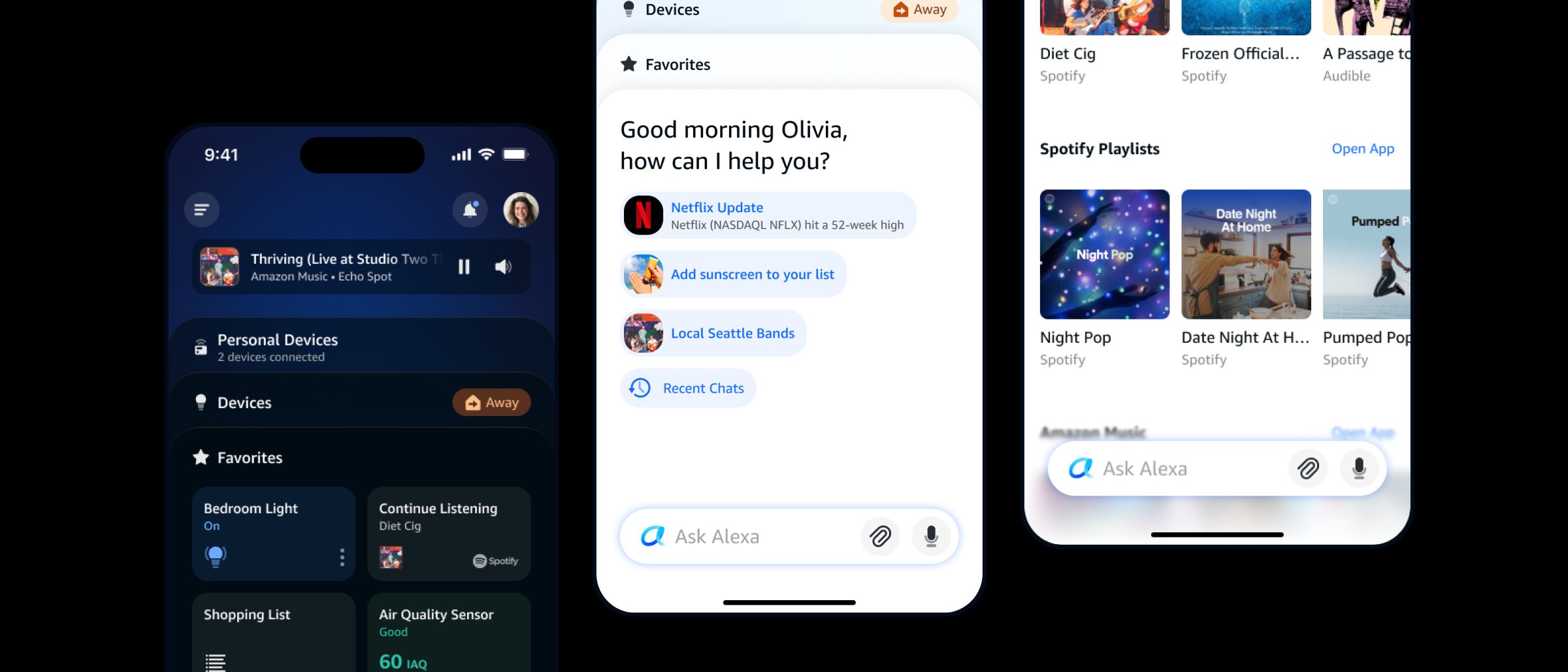 Alexa app home screen: personalized evening cards for trip planning, calendar, Echo Frames and devices, with an Ask Alexa input bar