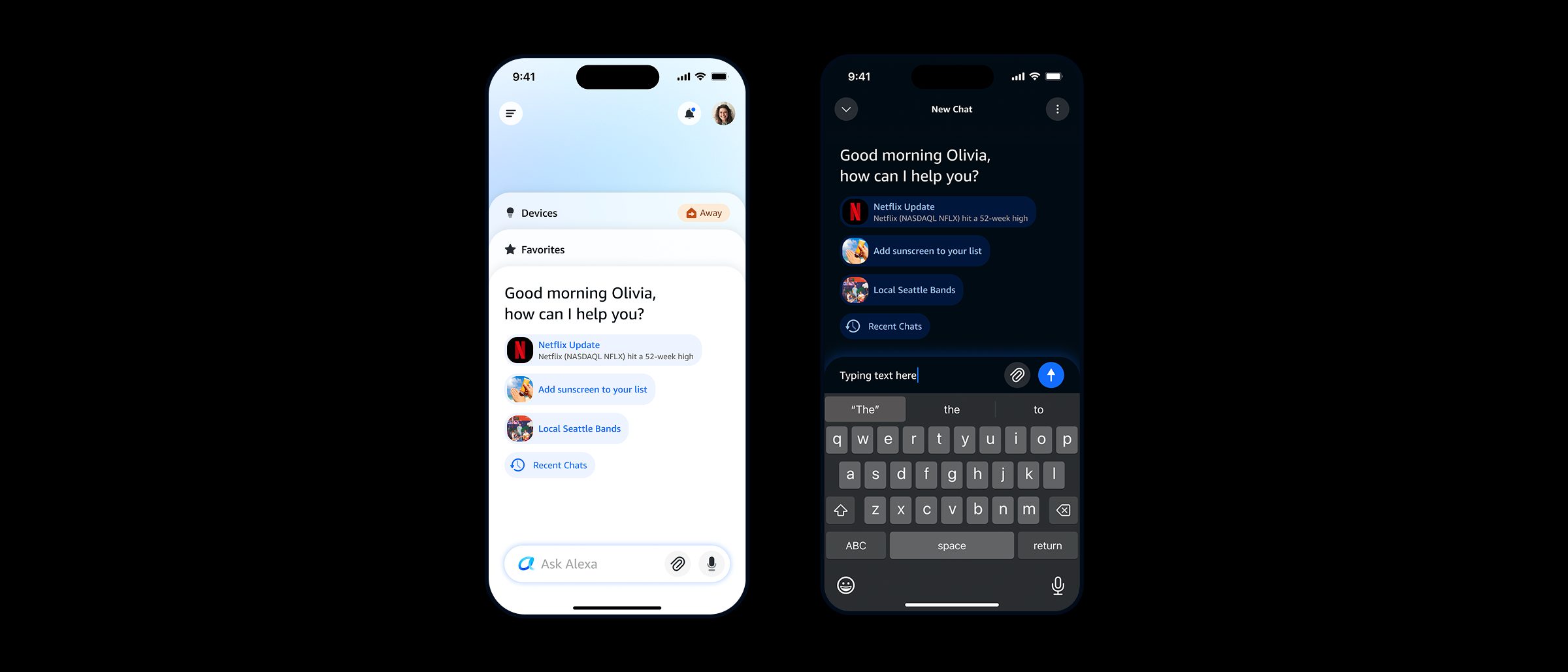 Alexa app home screen: personalized evening cards for trip planning, calendar, Echo Frames and devices, with an Ask Alexa input bar