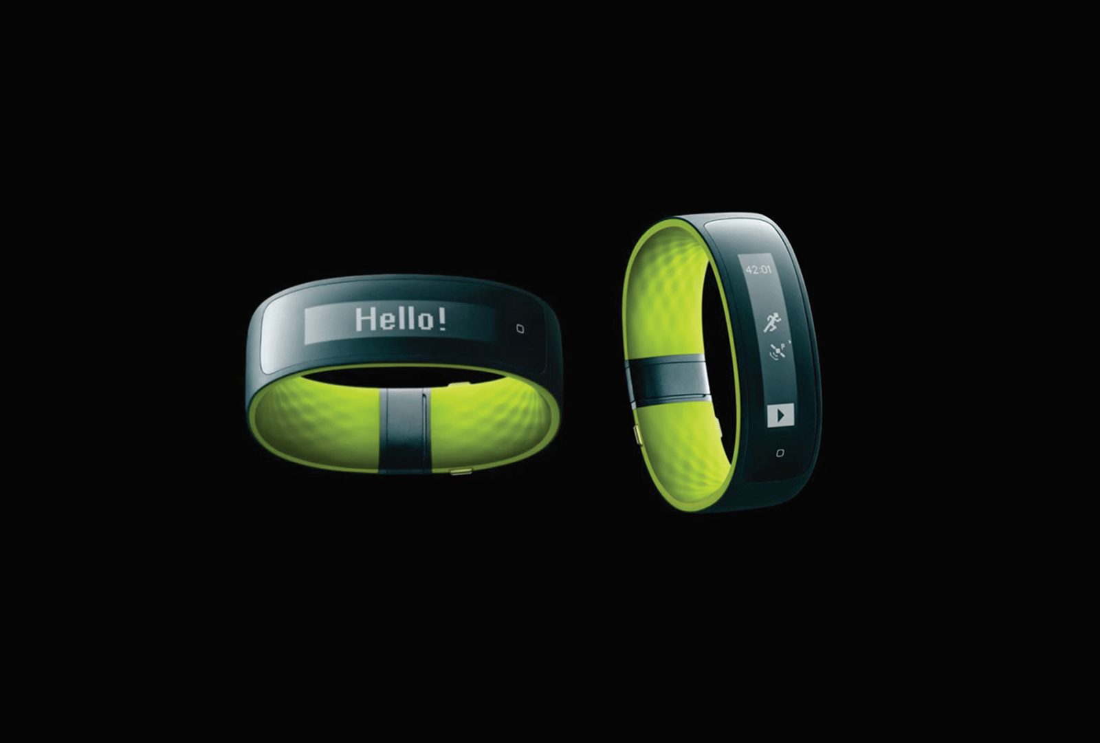 Two HTC Grip fitness bands on black, lime strap and dark shell. One reads “Hello!” on its curved display; the other shows a 42:01 run timer with activity icons.