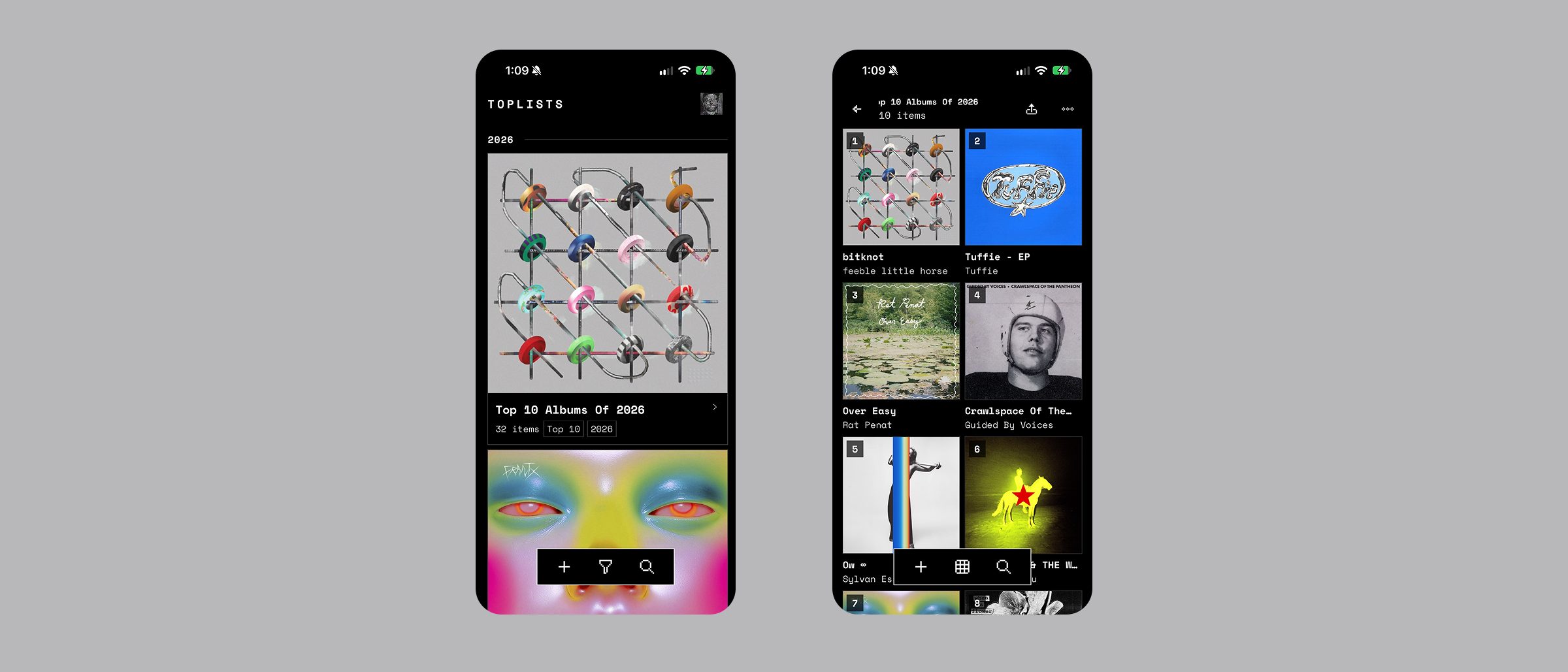 Two phones on a grey field showing TopLists: the home feed with a 2026 list and its cover art, and a Top 10 Albums list as a grid of numbered album covers.